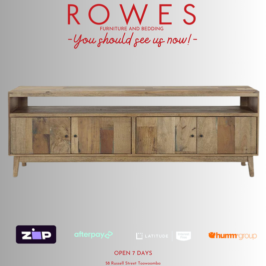 Wooden TV stand with 'Rowes' branding and promotional text on a white background