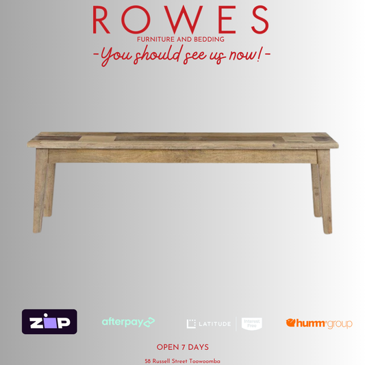 Wooden table on a gray background with 'Rowes' branding and payment options.