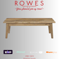 Wooden table on a gray background with 'Rowes Furniture and Bedding' text and logos.