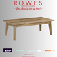 Wooden table on a gray background with 'Rowes' branding and payment options displayed.