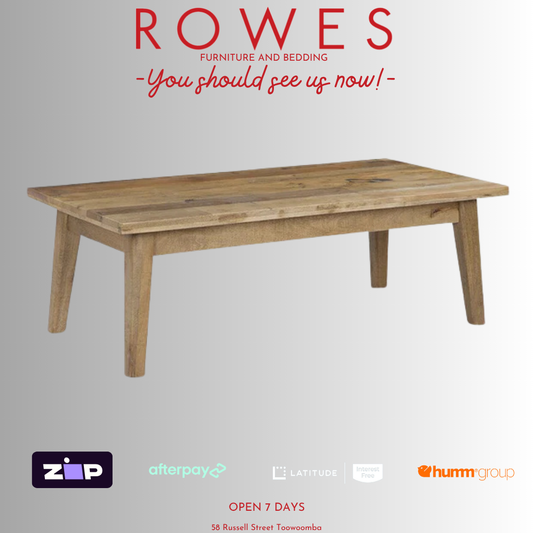 Wooden table on a gray background with 'Rowes' branding and payment options displayed.