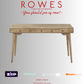 Wooden desk with 'Rowes Furniture and Bedding' text and payment logos on a gray background