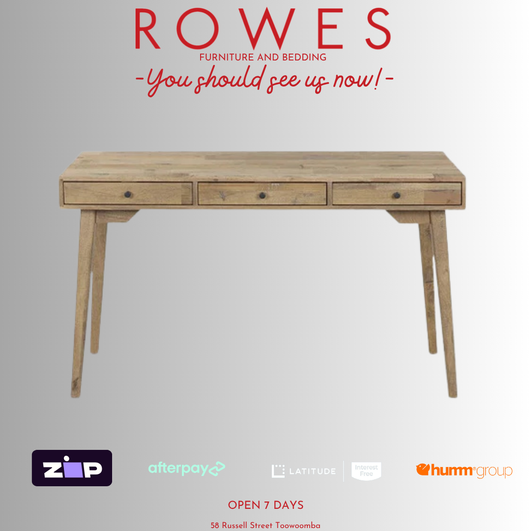 Wooden desk with 'Rowes Furniture and Bedding' text and payment logos on a gray background