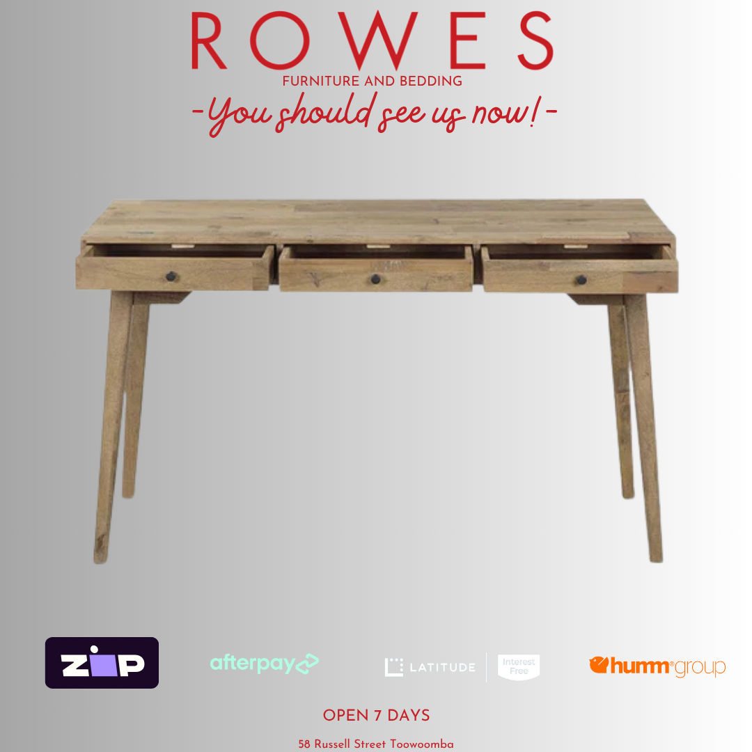 Wooden desk with promotional text and logos on a gray background