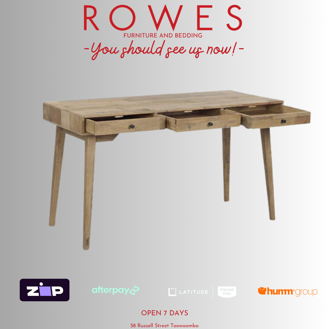 Wooden desk with drawers on a gray background, featuring promotional text and logos.