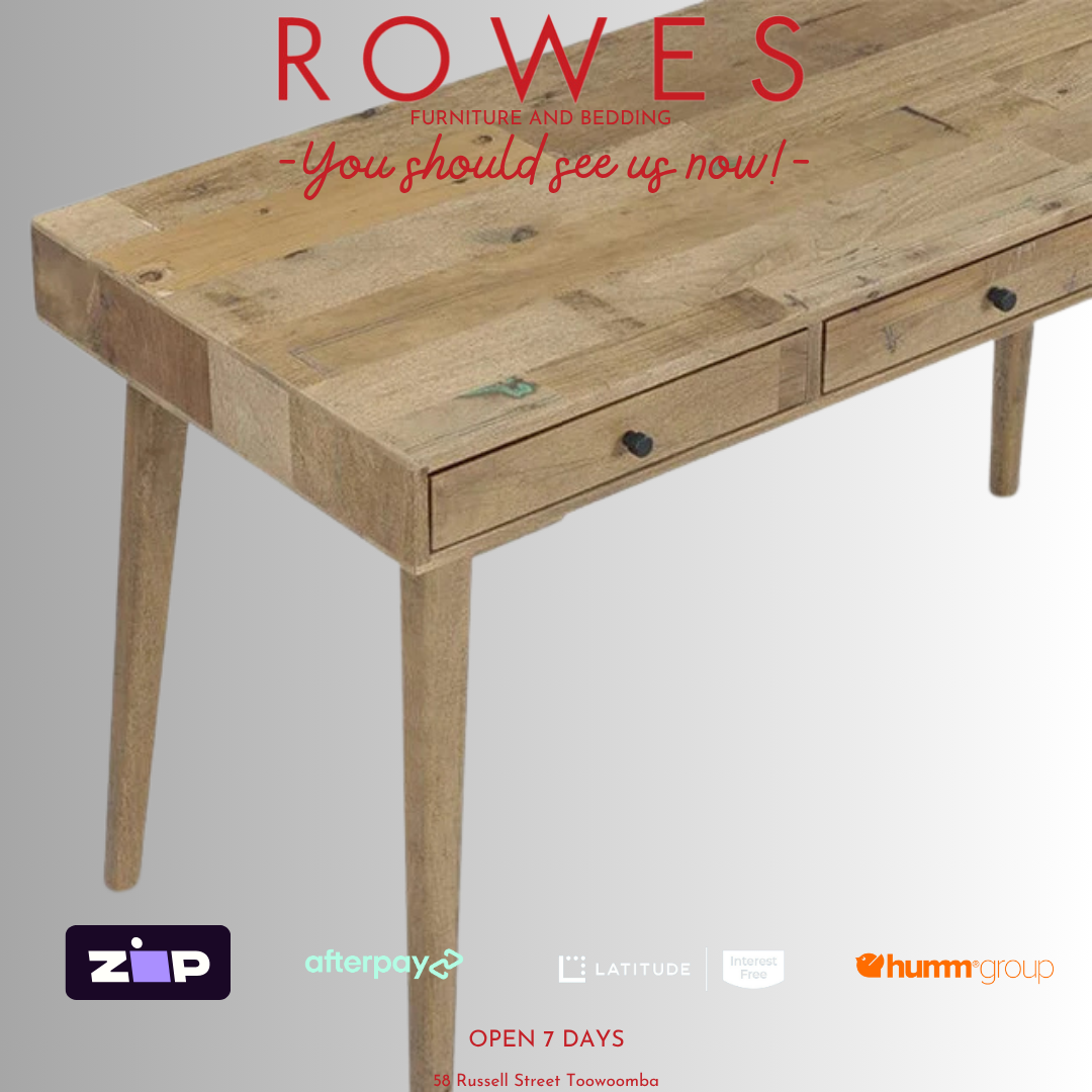 Wooden desk with 'Rowes' branding and payment options on a gray background