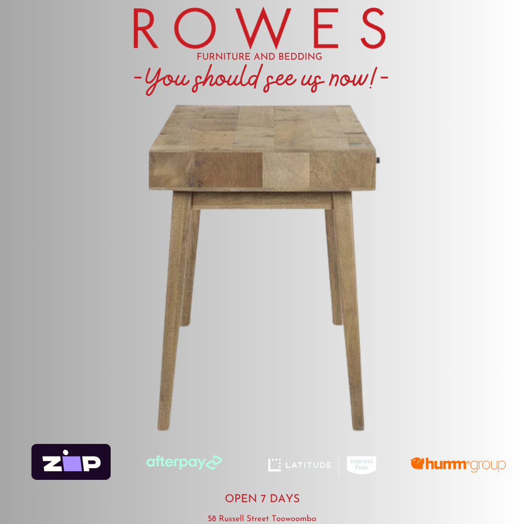 Wooden stool with 'Rowes' branding and payment options on a gray background