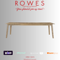 Wooden table on a gray background with 'Rowes' branding and payment options.