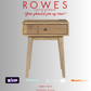 Wooden side table with 'Rowes' branding and payment options on a gray background