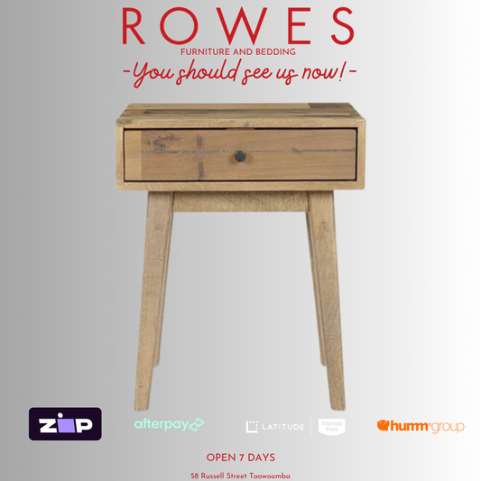 Wooden side table with 'Rowes' branding and payment options on a gray background