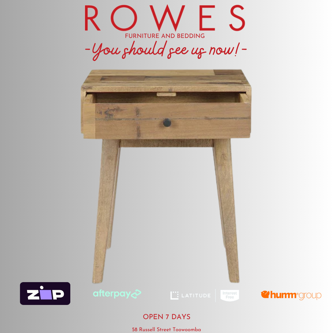 Wooden side table with 'Rowes' branding and payment options on a white background