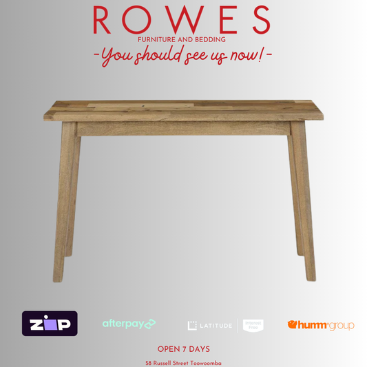Wooden table on a gray background with 'ROWES' branding and payment options.