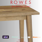 Wooden table with 'Rowes Furniture and Bedding' branding and payment options on a white background.