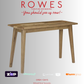 Wooden table on a gray background with 'Rowes' branding and contact information.