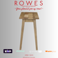 Wooden side table on a gray background with 'ROWES' branding and promotional text.