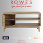 Wooden cabinet with 'Rowes Furniture and Bedding' text and branding elements on a gray background.