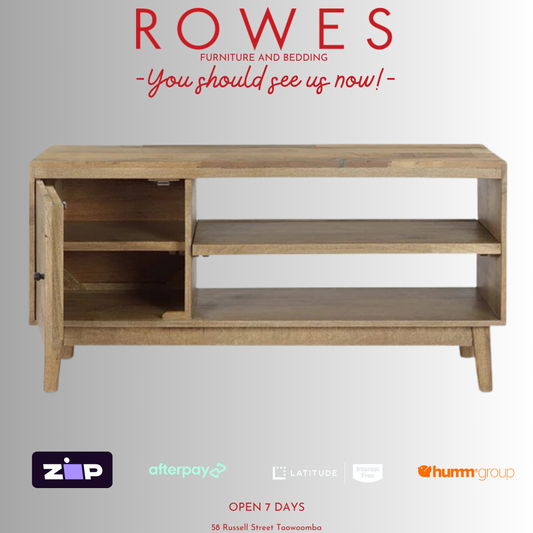 Wooden cabinet with 'Rowes Furniture and Bedding' text and branding elements on a gray background.