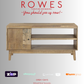 Wooden TV stand with 'Rowes Furniture and Bedding' text and logos on a gray background