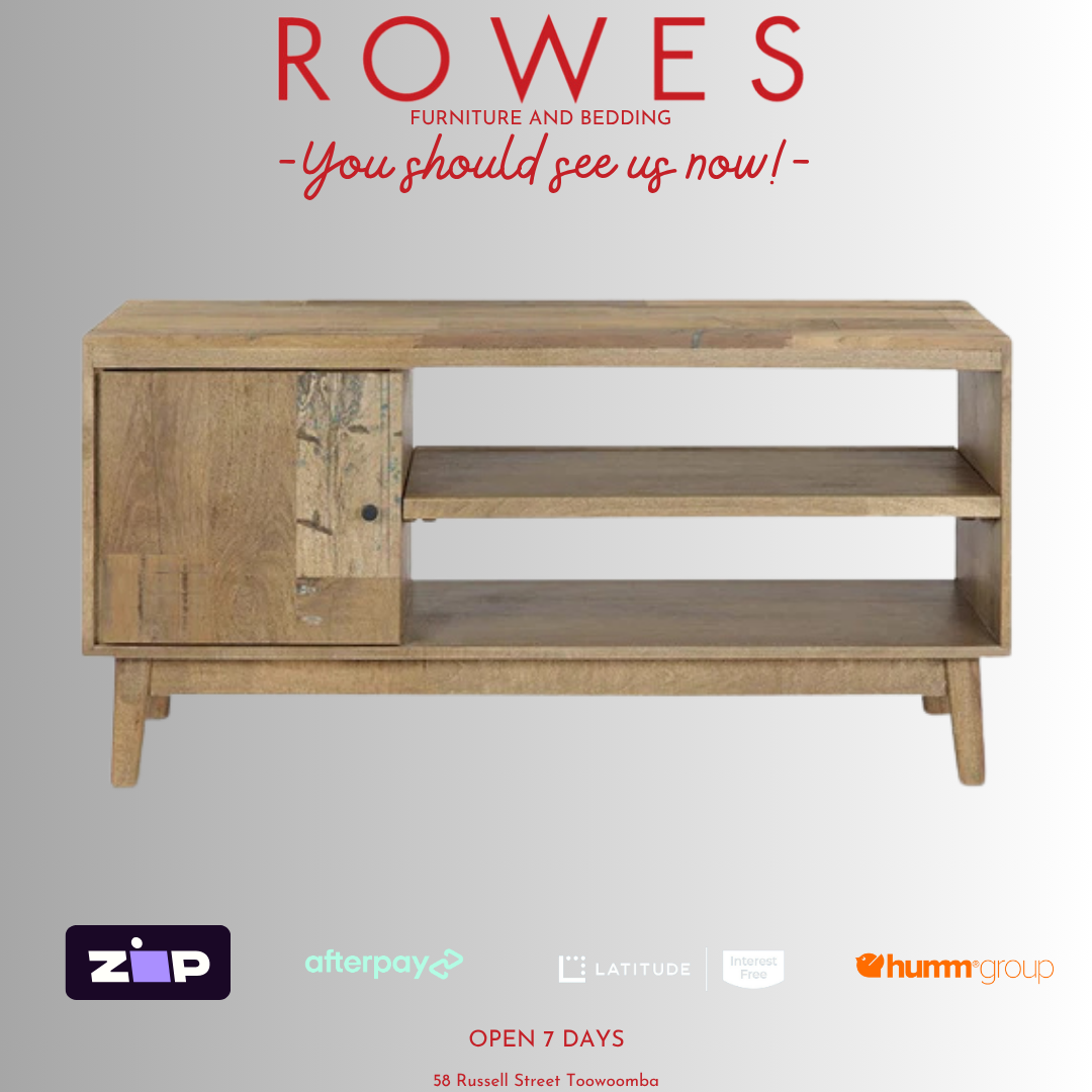 Wooden TV stand with 'Rowes Furniture and Bedding' text and logos on a gray background