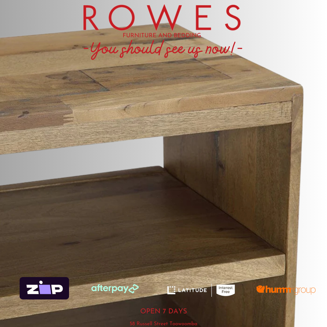 Wooden furniture piece with 'Rowes' branding and payment options displayed.