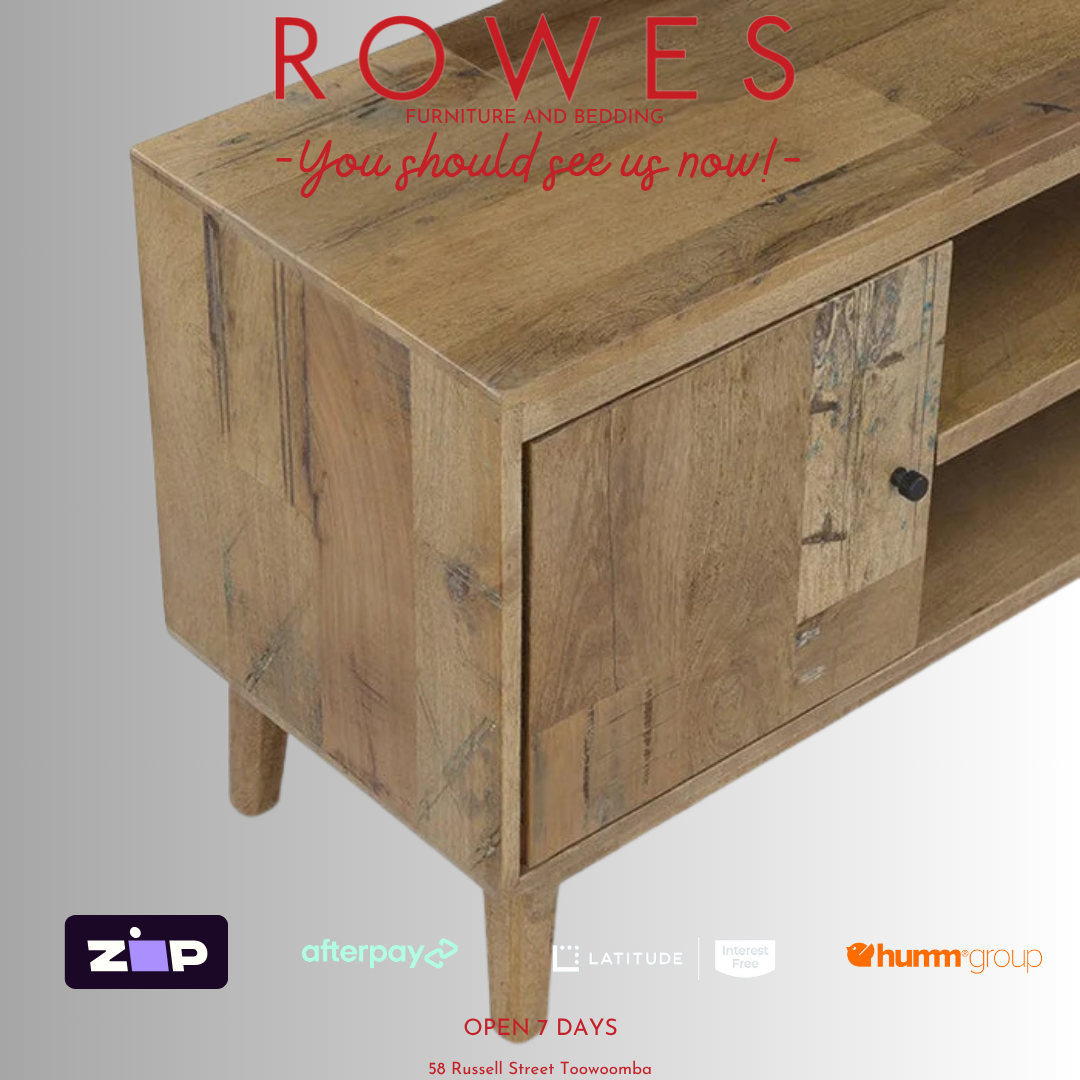 Wooden furniture piece with 'ROWES' branding and payment options on a gray background