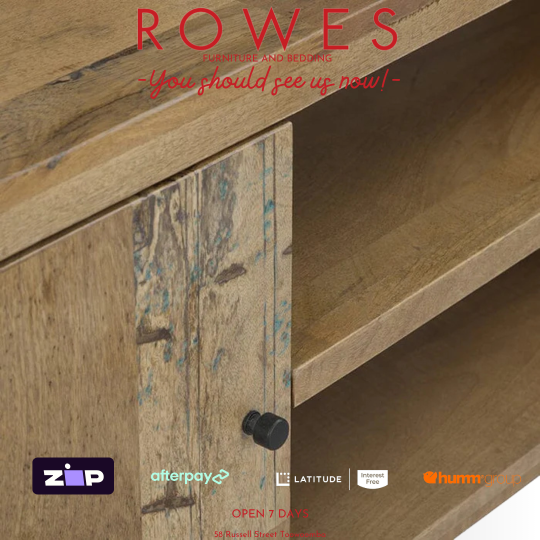 Wooden furniture with 'Rowes' branding and payment options displayed.