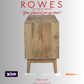 Wooden cabinet with 'Rowes Furniture and Bedding' text and logos on a gray background