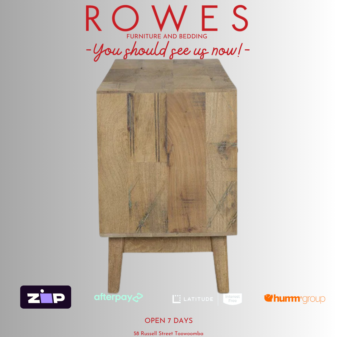 Wooden cabinet with 'Rowes Furniture and Bedding' text and logos on a gray background