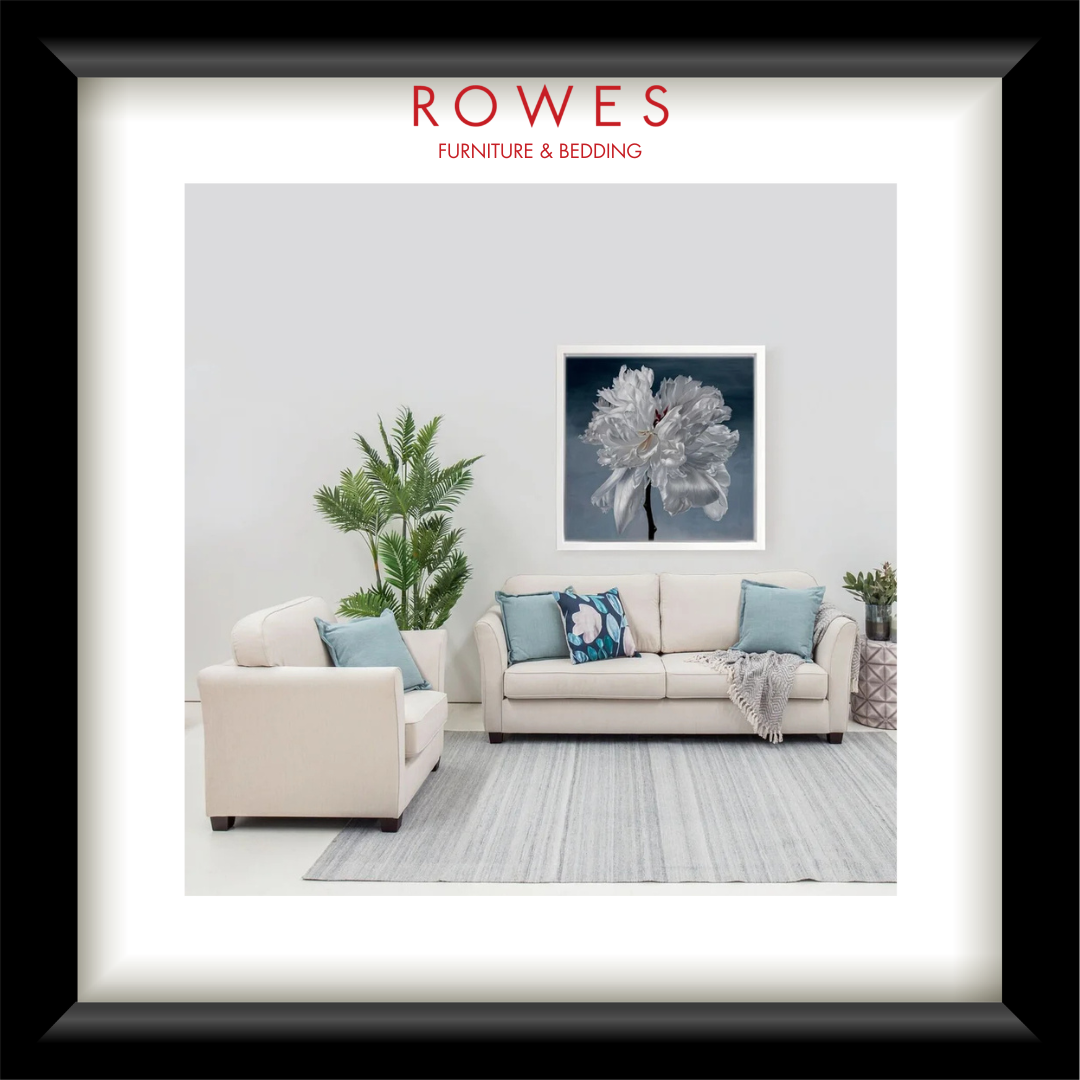 Living room with a beige sofa, decorative pillows, and a plant, featuring the Rowes Furniture & Bedding logo.