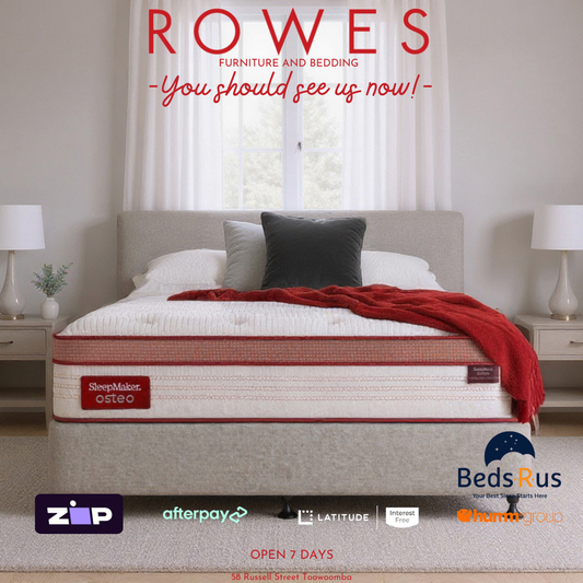 Advertisement for a mattress with 'Rowes Furniture and Bedding' branding and various payment options displayed.