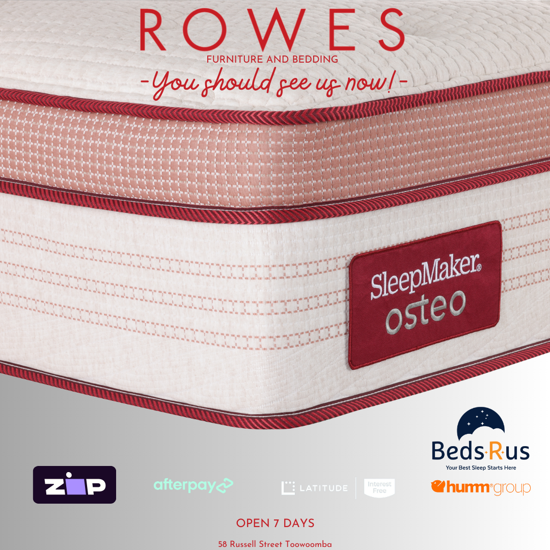 SleepMaker osteo mattress with 'Rowes Furniture and Bedding' branding and various logos at the bottom.