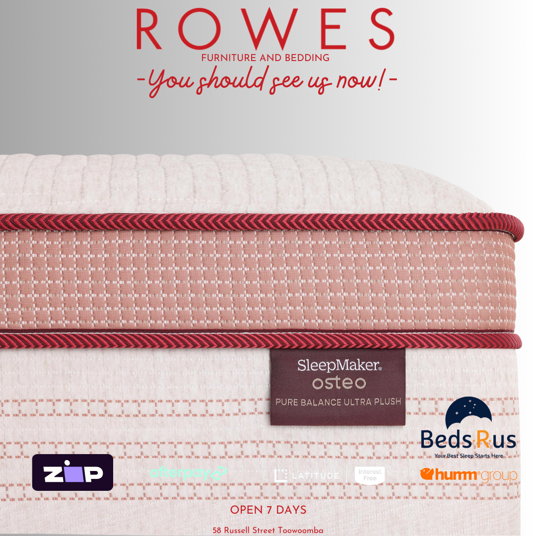 Mattress with SleepMaker osteo label and BedsRus branding on a gray  background