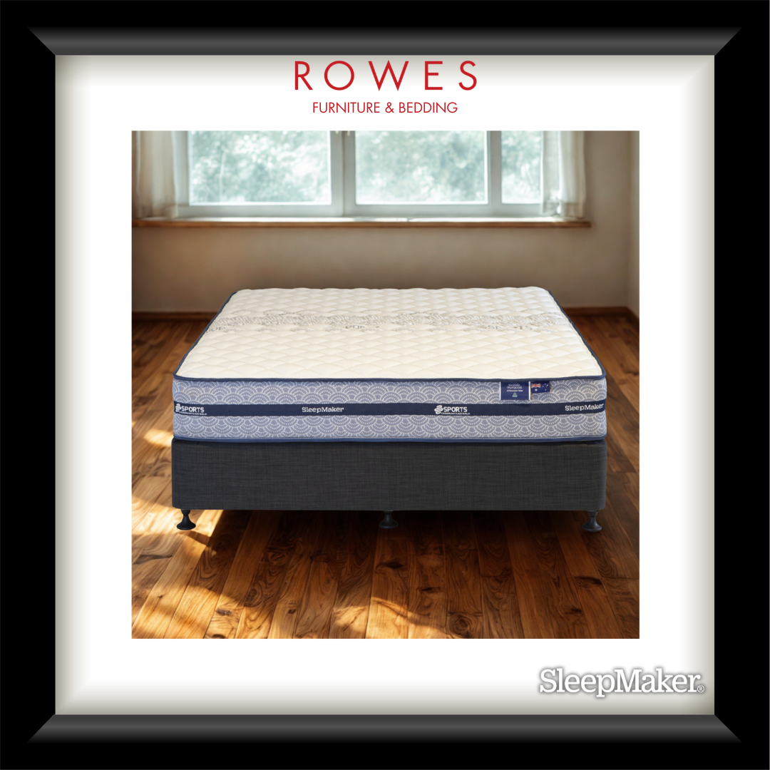 Mattress on a wooden floor with 'Rowes Furniture & Bedding' and 'SleepMaker' branding.