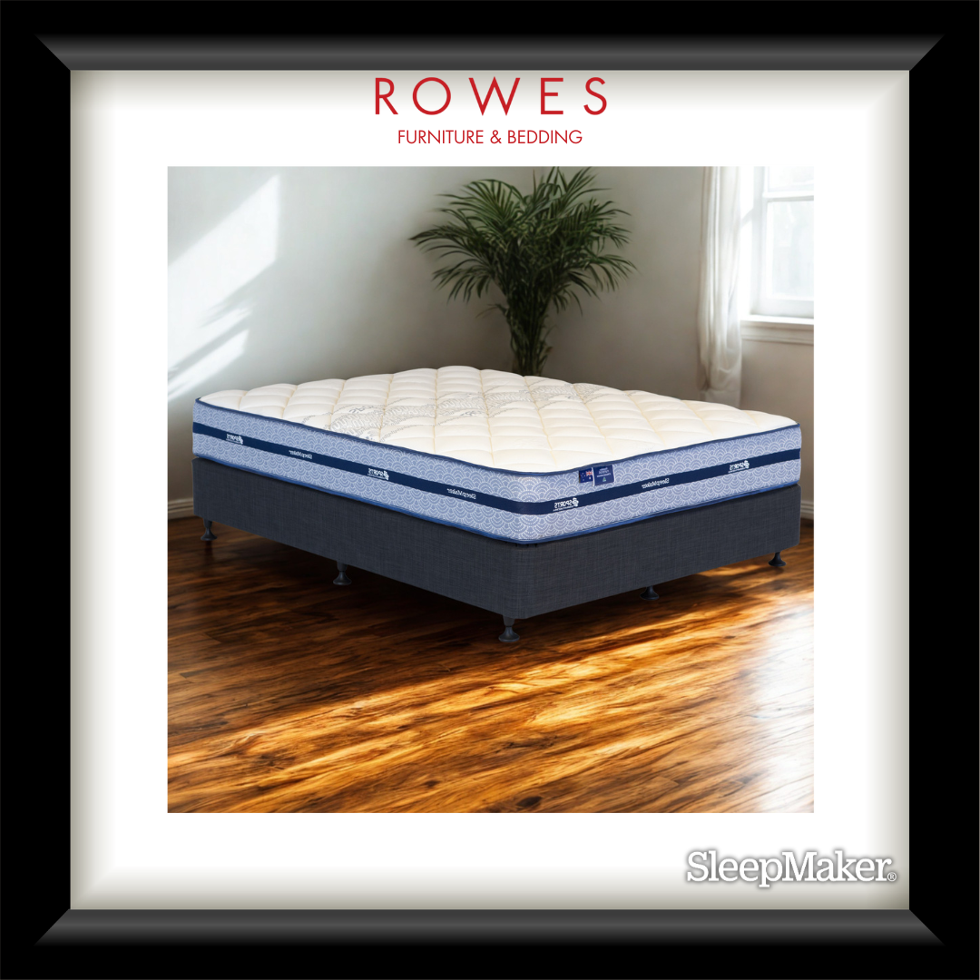 SleepMaker mattress in a room with wooden floor and window, featuring Rowes Furniture & Bedding logo.