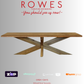 Wooden dining table with 'Rowes Furniture and Bedding' advertisement on a white background
