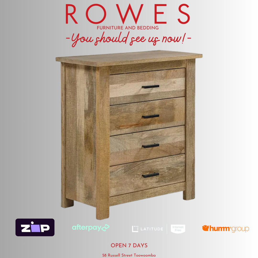 Wooden dresser with 'Rowes Furniture and Bedding' text and logos on a gray background