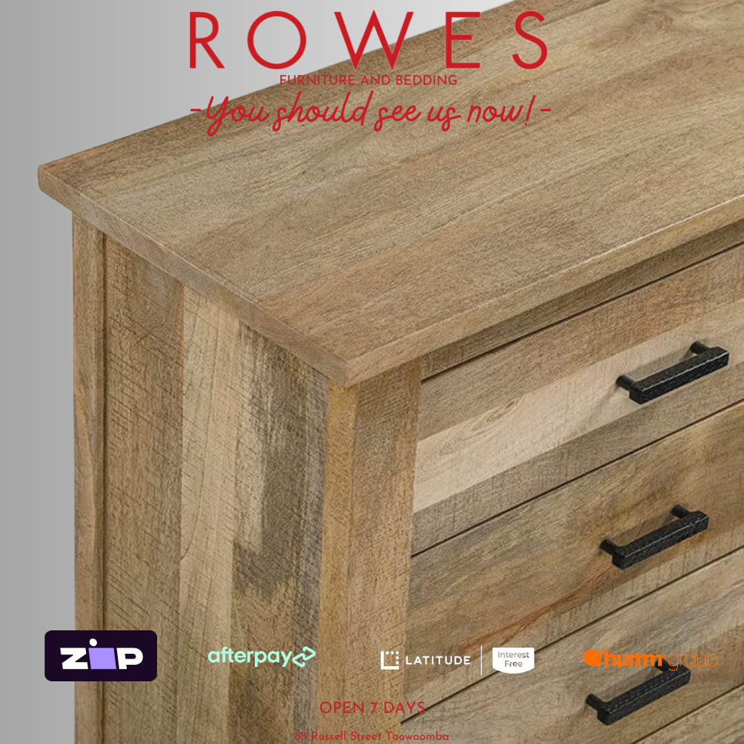Wooden dresser with black handles on a gray background, featuring Rowes furniture branding.