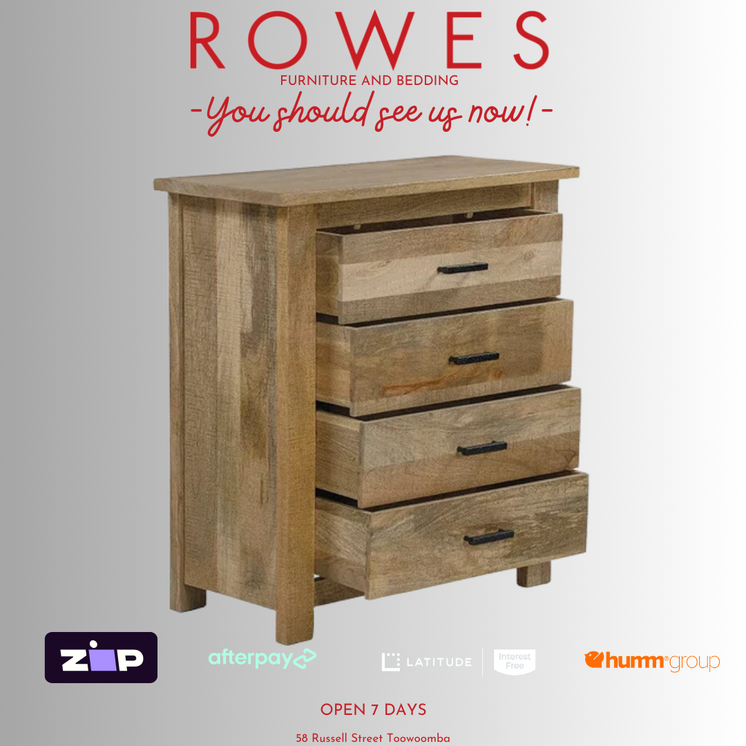 Wooden dresser with 'Rowes Furniture and Bedding' text and logos on a gray background