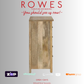 Wooden cabinet with 'Rowes Furniture and Bedding' text and logos on a gray background