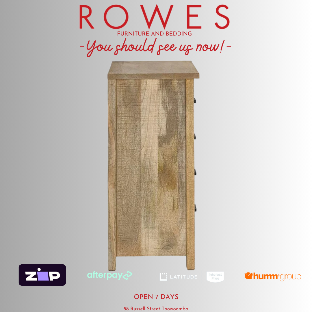 Wooden cabinet with 'Rowes Furniture and Bedding' text and logos on a gray background