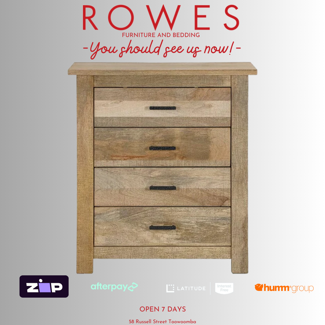 Wooden dresser with 'Rowes Furniture and Bedding' text and logos on a gray background