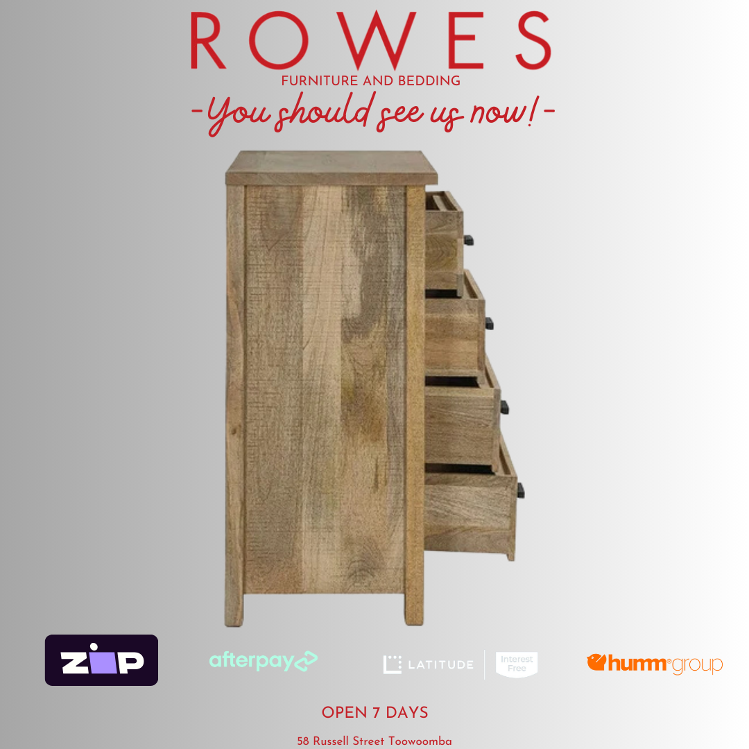 Wooden dresser with 'Rowes Furniture and Bedding' text and logos on a gray background