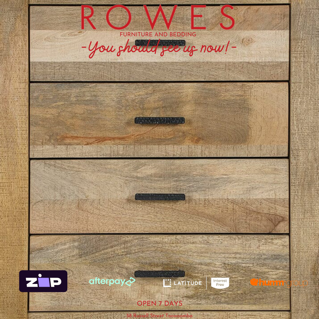 Wooden furniture with 'Rowes' branding and payment options displayed.