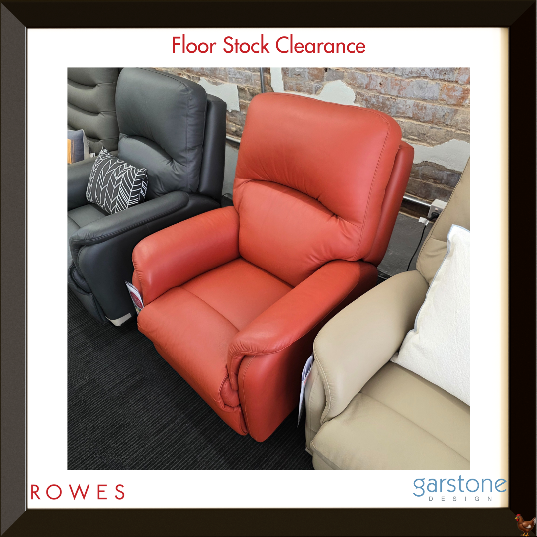 Red recliner chair with gray and beige chairs in a room setting, featuring 'Rowes' and 'Garstone Design' logos.