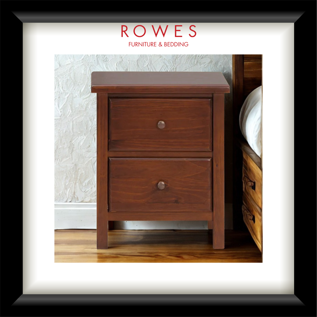 Wooden nightstand with two drawers in a room setting, featuring the Rowes brand.