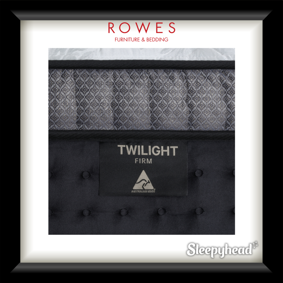 Sleeping pad with 'Twilight Firm' label and 'Rowes Furniture & Bedding' branding.