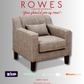 Brown armchair with 'Rowes Furniture and Bedding' text on a gray background