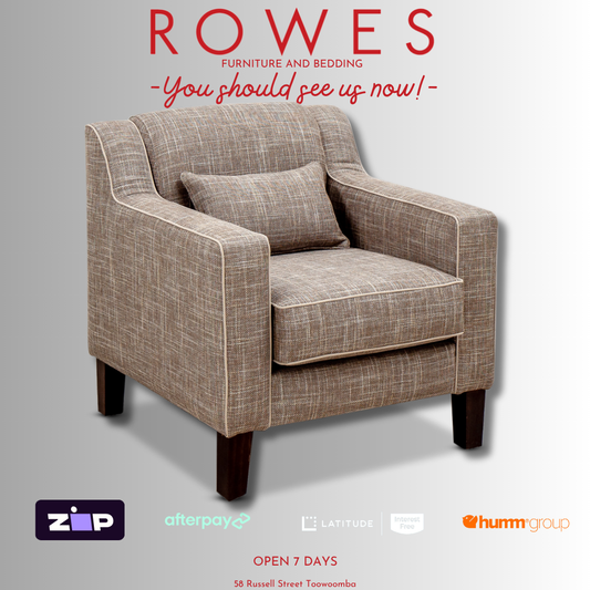 Brown armchair with 'Rowes Furniture and Bedding' text on a gray background
