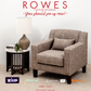 Gray armchair in a living room setting with 'Rowes Furniture and Bedding' text above.