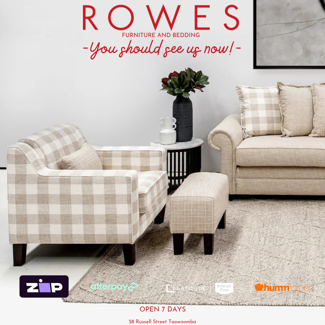 Furniture and bedding advertisement with a checkered armchair, sofa, and ottoman in a living room setting.
